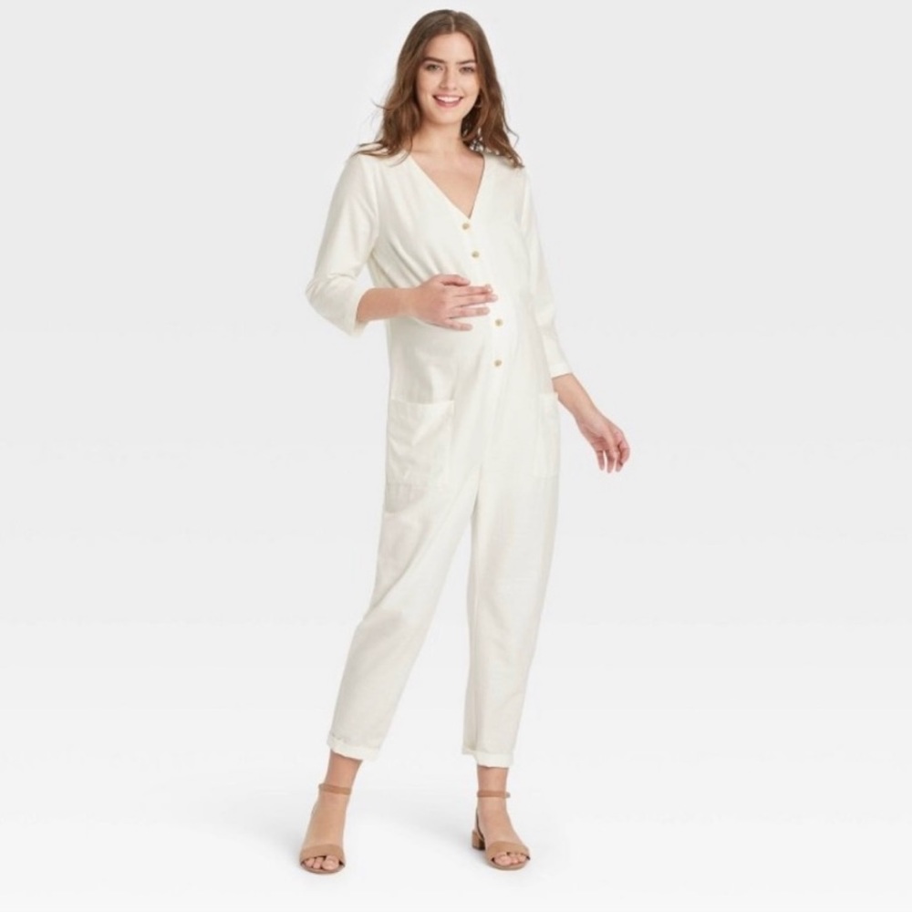 The NINES by HATCH Maternity 3/4 Sleeve Button-Front Jumpsuit